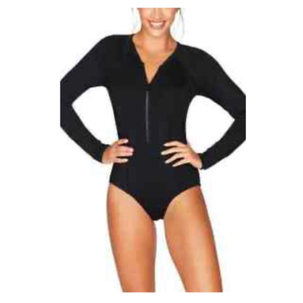 NWT Sea Level sz 14 Front Zip One-Piece Swimsuit Black Long Sleeves UPF 50 D43